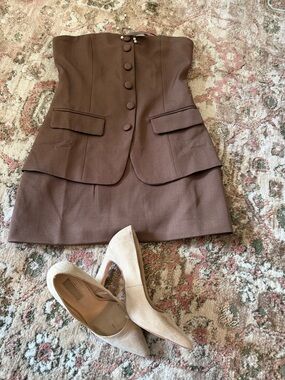 Windsor Brown Strapless Button-Front Mini Dress with Flap Pockets